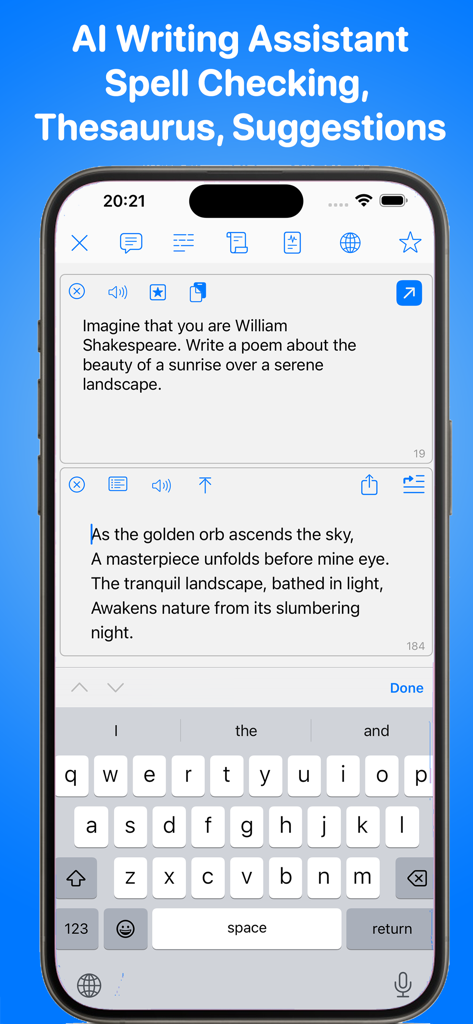 Aplicación móvil TextEdit que muestra la función de asistente de escritura con IA en la pantalla de un iPhone