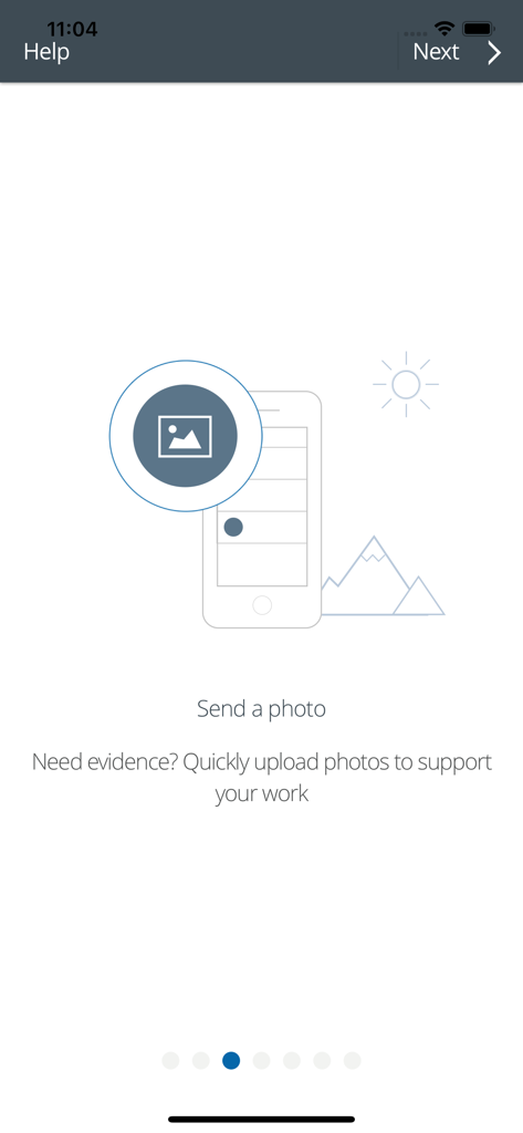 PebblePocket app onboarding screen demonstrating the photo evidence upload feature