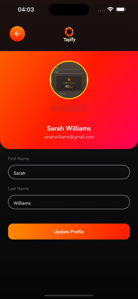 Tela de perfil do usuário do aplicativo Tapify com contador de sequência e botão de atualização de perfil