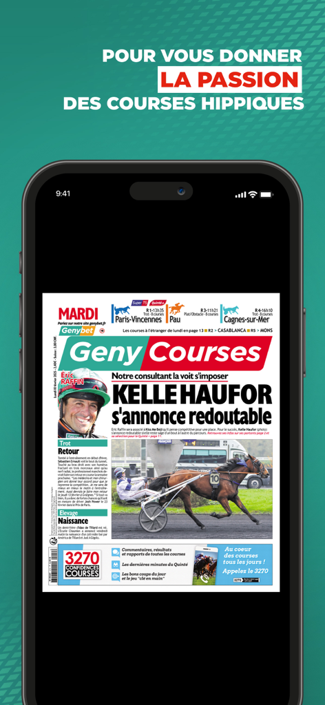 Digital horse racing newspaper interface on the Geny Courses mobile app showing PMU predictions