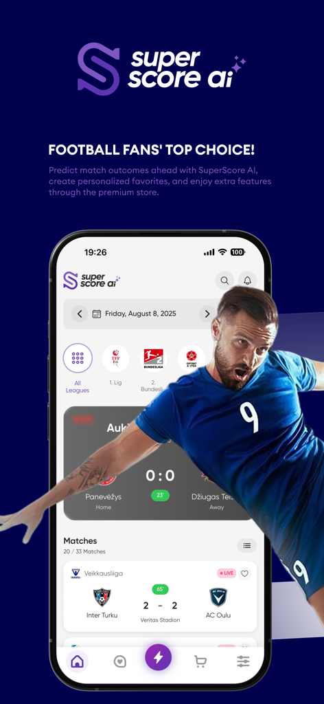 Super Score AI - Tips - Super Score AI app interface showing football match predictions and live scores with a soccer player graphic