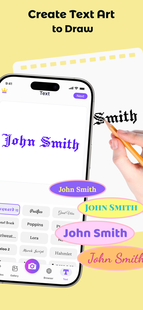 AR Drawing - Draw Sketch - Pantalla de aplicación móvil mostrando a una persona trazando arte de texto gótico personalizado desde un teléfono a papel utilizando tecnología AR.