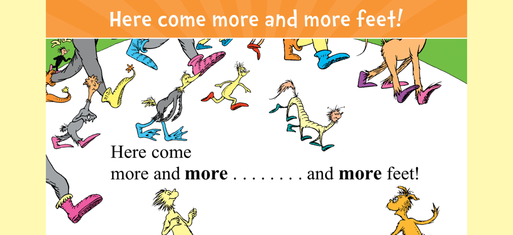 A colorful page from The Foot Book app showing various Dr. Seuss characters walking with different types of feet.