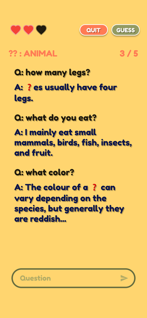 Guess Me!!! - Gameplay of Guess Me app showing a series of questions and AI responses to guess a hidden animal.