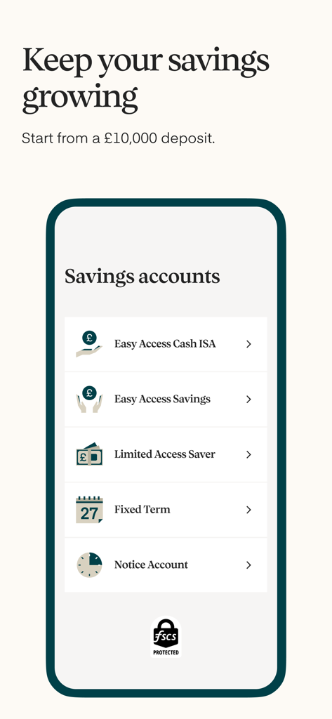 Monument Bank - Monument Bank mobile app interface displaying a list of savings account options including Cash ISA and Fixed Term deposits