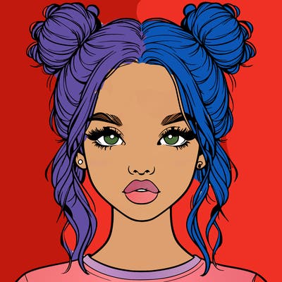 realistic girl with two buns in hair and lips
