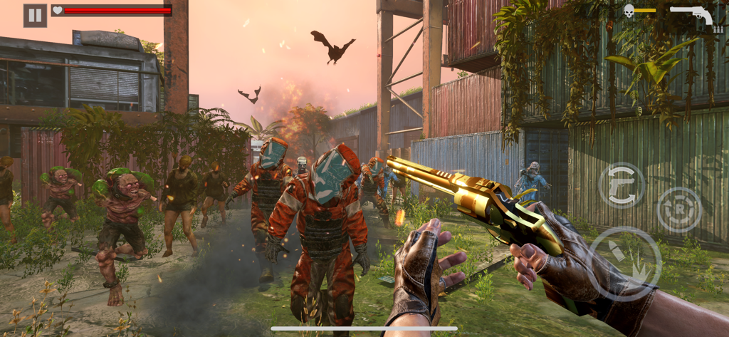 Zombie Fire 3D: Offline Game - First person shooter gameplay showing a golden revolver and zombies in an industrial area