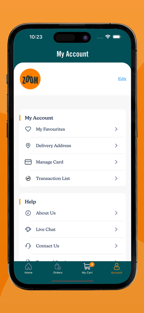 Zoom Drinks Delivery - My Account page of the Zoom Drinks Delivery mobile app showing settings and support options.