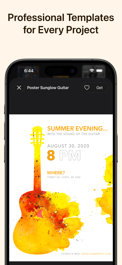 iPhone mostrando una plantilla de póster profesional de concierto de guitarra de la aplicación Toolbox for Pages