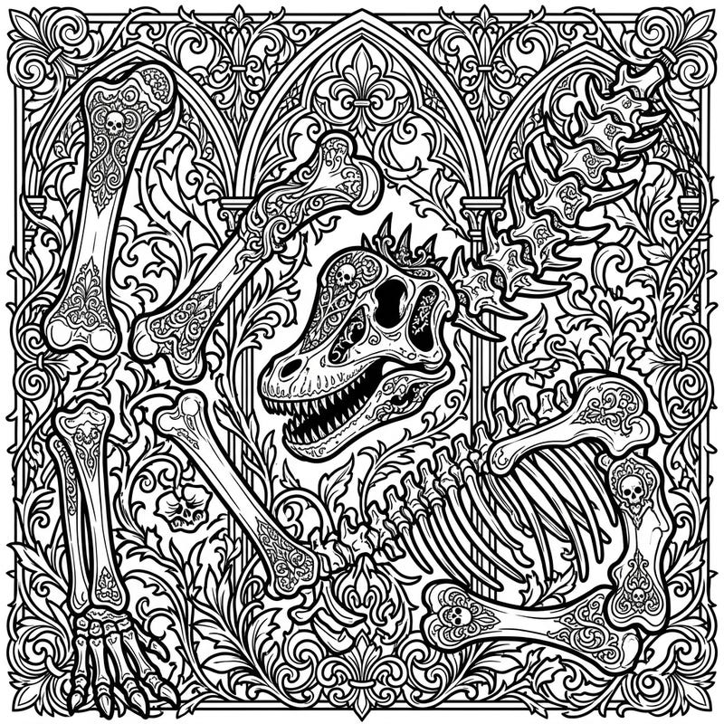 Delve into a world where ancient history meets dark elegance with this unique Brachiosaurus bones coloring page. Its intricate Gothic design offers a sophisticated and engaging artistic challenge for all who love dinosaurs and dramatic aesthetics.