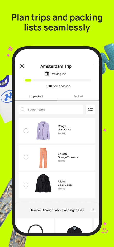 Whering app interface showing a travel packing list for an Amsterdam trip with selected clothing items like a blazer and trousers.