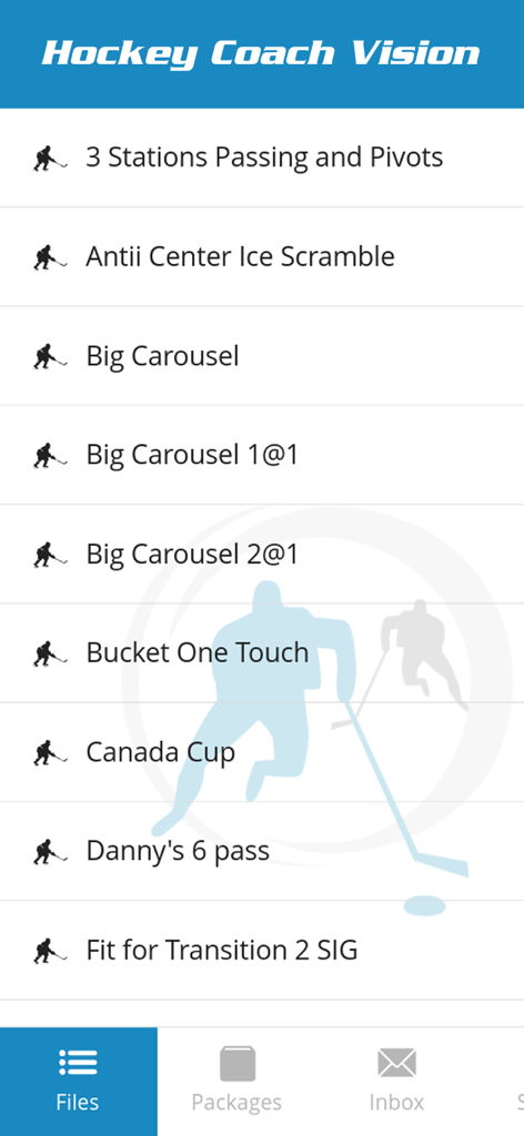 La aplicación Hockey Coach Vision que muestra una lista de ejercicios de hockey animados