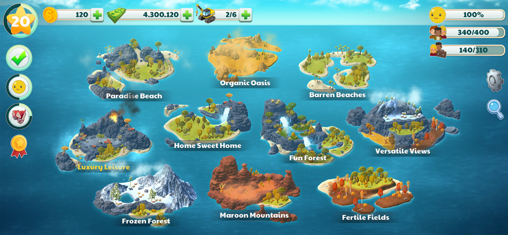 Town City - Building Simulator - Overview of multiple themed islands in Town City Building Simulator