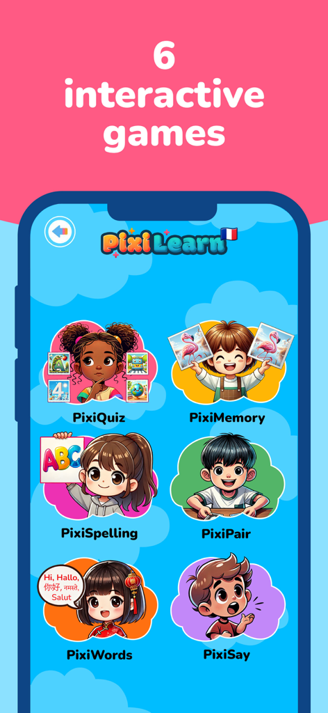 PixiLearn - French FlashCards - Pantalla de menú de la aplicación PixiLearn con seis juegos interactivos de aprendizaje de francés para niños