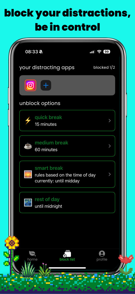 touch grass: screen time limit - Smartphone screen showing the block list and unblock break options for the touch grass screen time app.