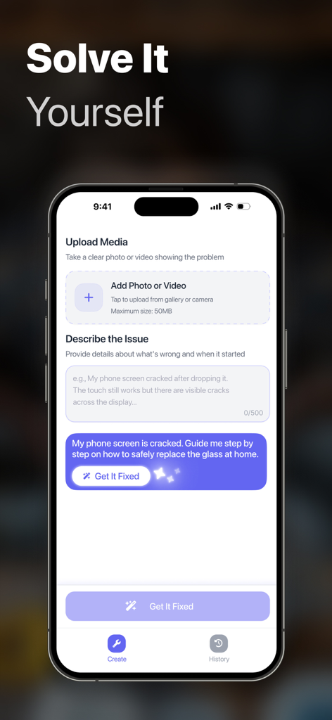 Mobile interface of RepairBuddy app for describing a repair problem to get AI powered DIY instructions