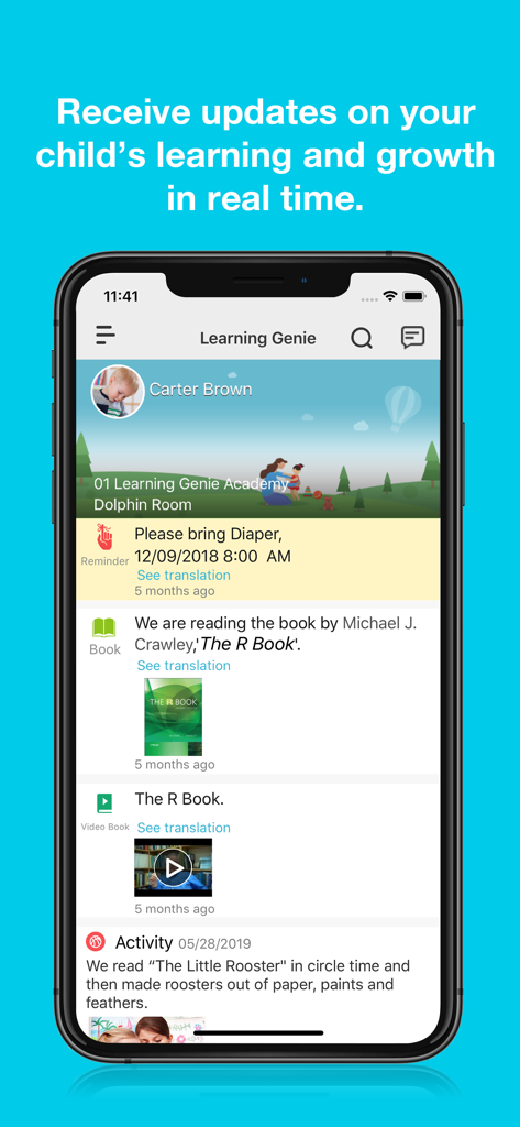 Smartphone screen showing real time updates on a childs learning and school activity within the Learning Genie for Parents app