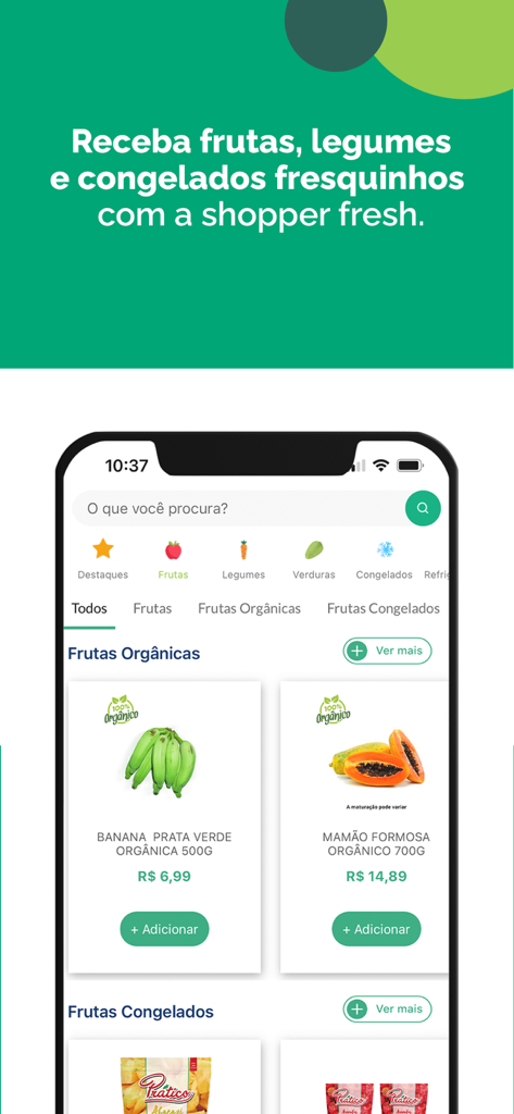 Mobile app interface of Shopper Supermercado Online displaying organic bananas and papaya for purchase