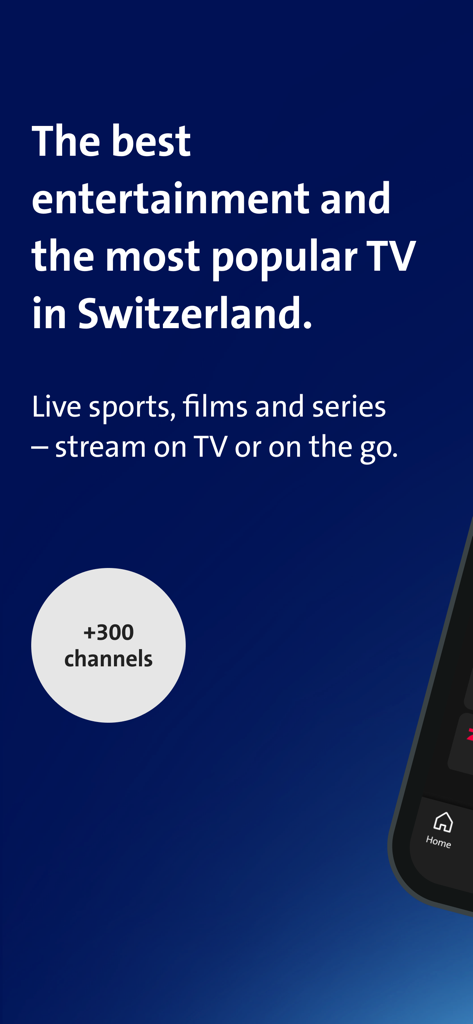 Swisscom blue TV - Swisscom blue TV App Einführungsbildschirm mit über 300 Kanälen und Live-Sport-Streaming in der Schweiz