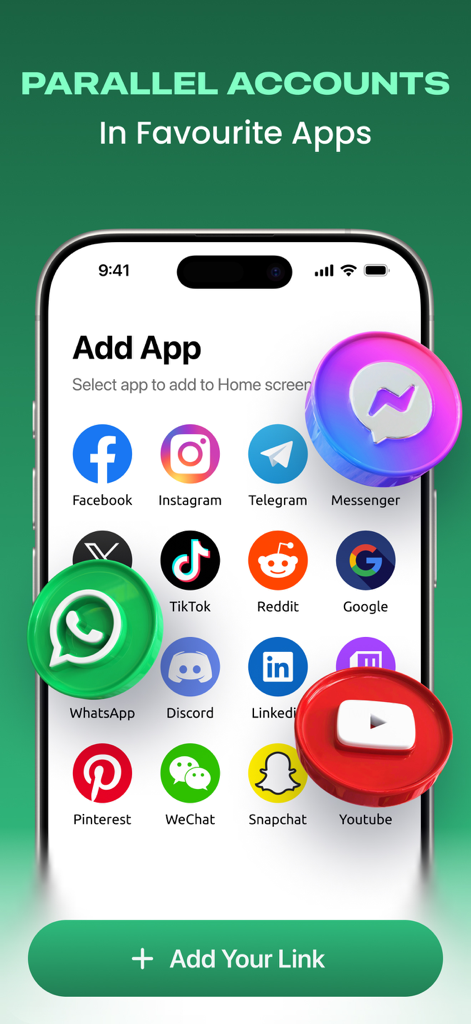 Interface of Parallel Accounts app showing a selection of social media icons like Facebook, Instagram, and WhatsApp available for cloning on an iPhone.