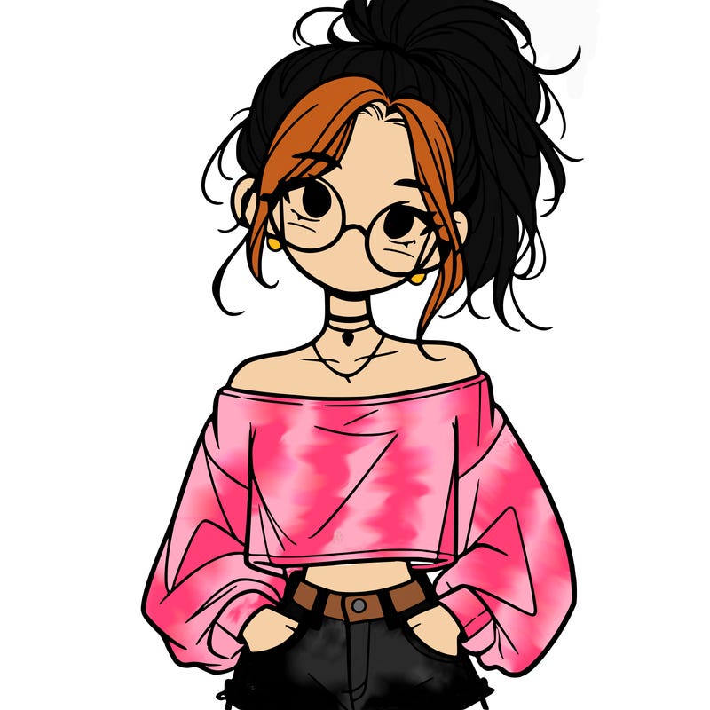 girl with a messy ponytail glasses a baggy crop top and jean shorts