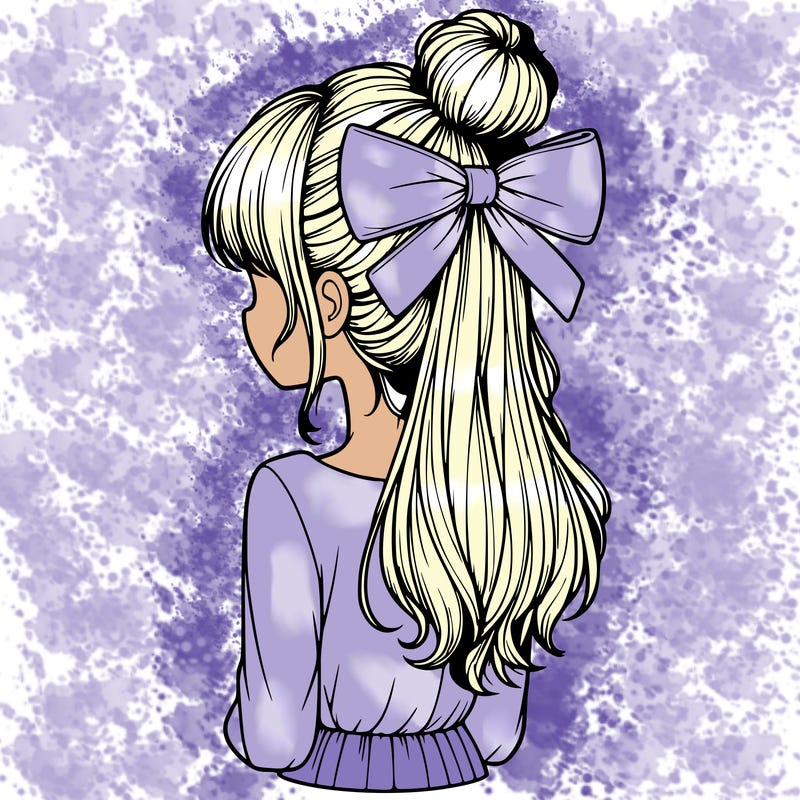 realistic girl  with hip length hair a bun and a big bow on the back of head
