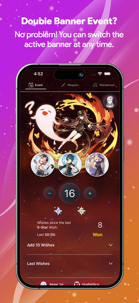 WishCounter-App-Oberfläche, die das Tracking von Charakter-Event-Bannern für Genshin Impact zeigt