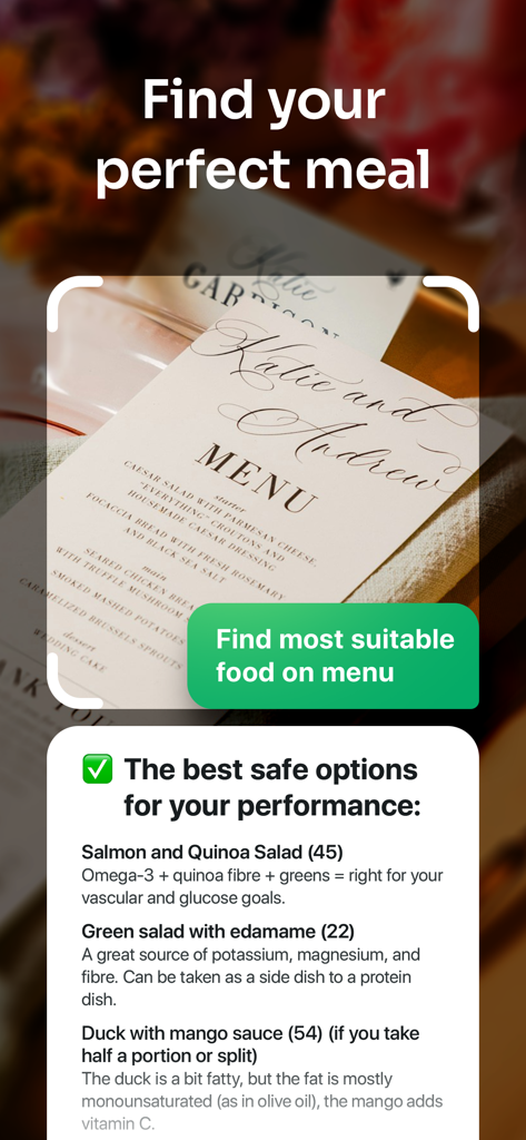 AI Calorie Tracker ・ Counter - Aplicación de IA escaneando un menú de restaurante para identificar opciones de comida saludable e información nutricional
