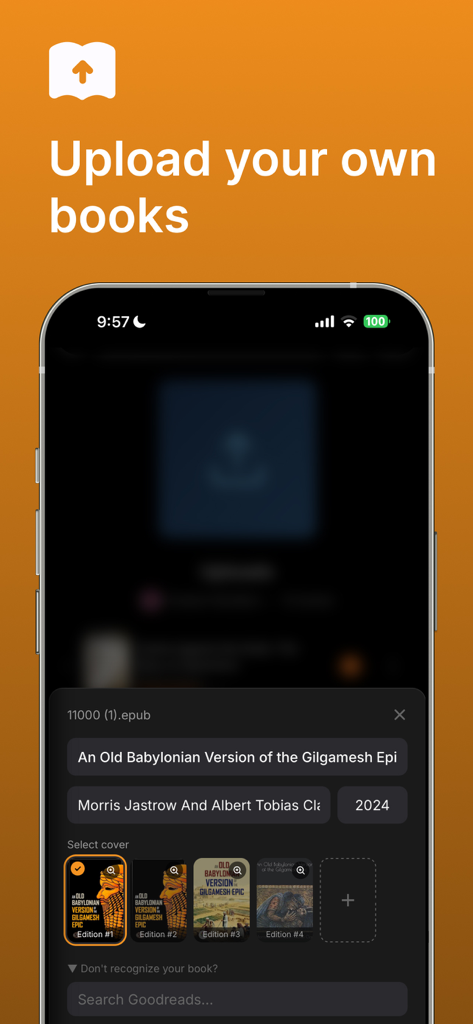 Lex Reader - Interface showing how to upload personal books and select cover art in the Lex Reader app
