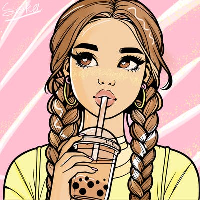 realistic girl with braided hair drinking boba