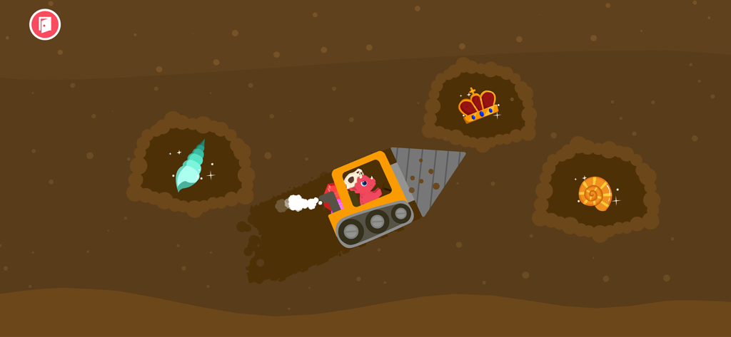 Un dinosaure conduisant un camion foreur souterrain pour trouver des trésors comme une couronne et des fossiles.