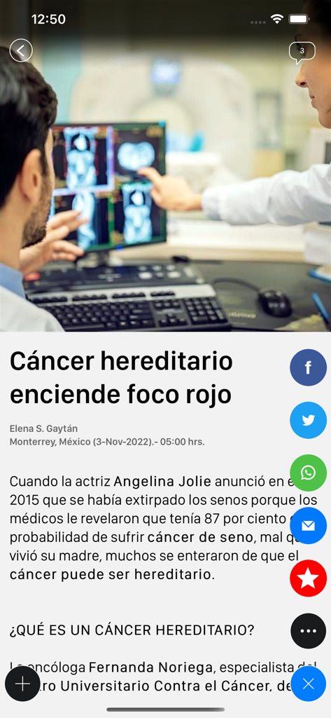 Captura de pantalla de la aplicación móvil EL NORTE mostrando un artículo de noticias sobre cáncer hereditario con iconos para compartir en redes sociales