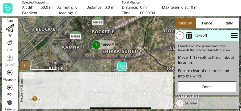 ANRA QGroundControl - ANRA QGroundControl drone mission planning interface showing takeoff settings over a satellite map
