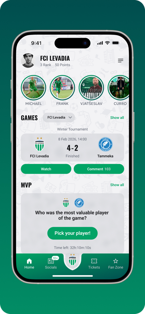 FCI Levadia - FCI Levadia official app home screen showing match results and MVP player voting.