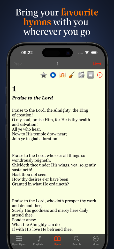 Advent Hymnal - Advent Hymnal app interface displaying lyrics for the hymn Praise to the Lord on a smartphone screen.