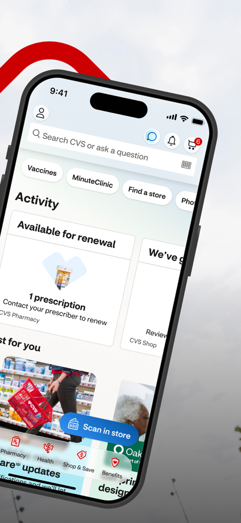 CVS Health app dashboard showing prescription renewal status and in-store scanning features