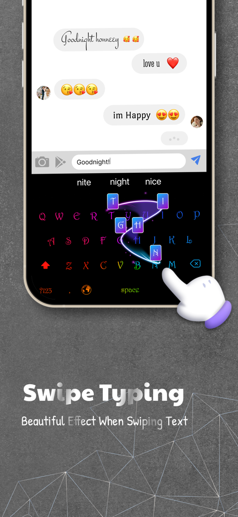 LED Keyboard - RGB Color - Una pantalla de smartphone demostrando la escritura deslizable en un teclado LED RGB con un vibrante efecto de brillo.
