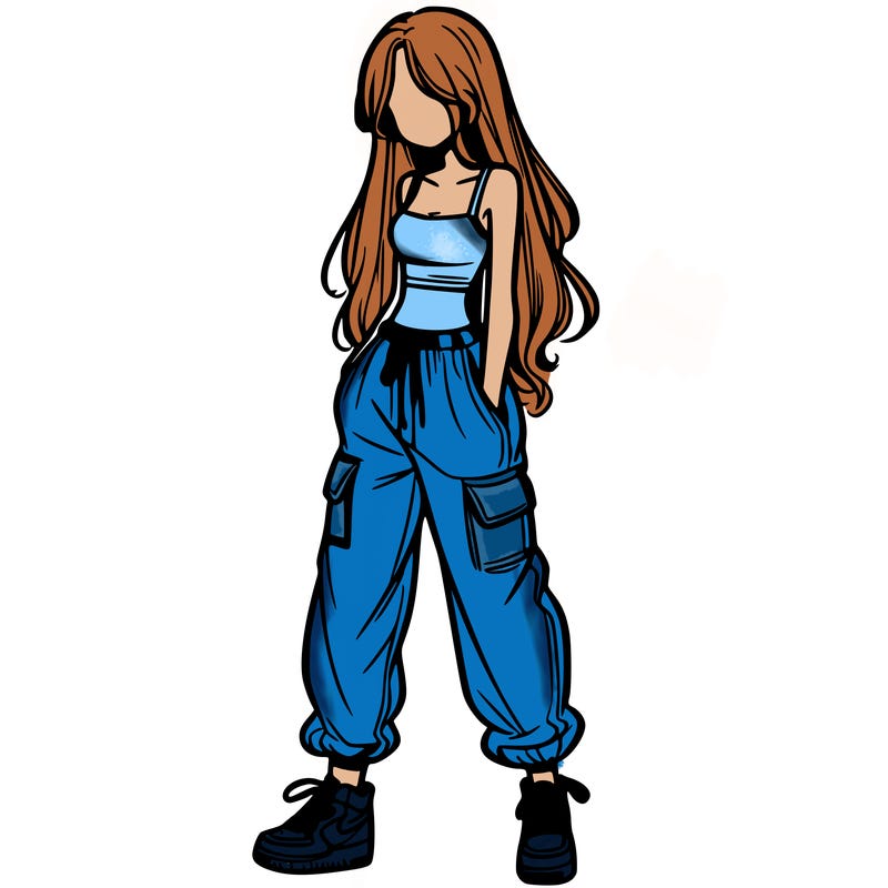 girl in baggy pants crop top and long hair