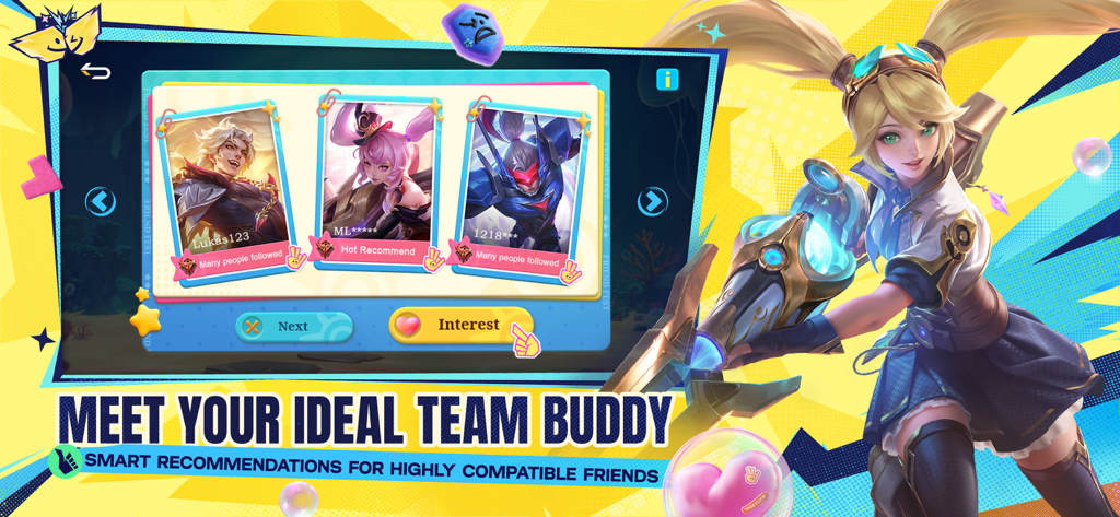 Interface showing smart recommendations for highly compatible friends and teammates in Mobile Legends Bang Bang US