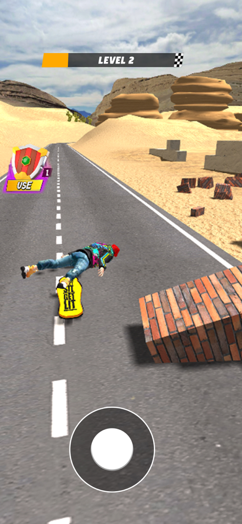 Extreme Downshift Racer - Um personagem deitado em uma estrada deserta após cair de seu skate no Extreme Downshift Racer.