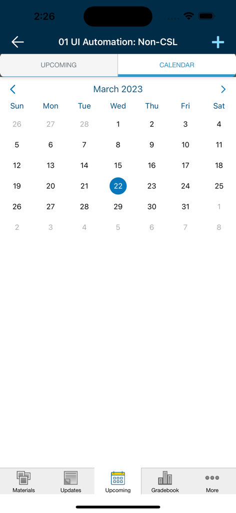 A monthly calendar view within the Schoology mobile app showing academic schedules and upcoming assignments