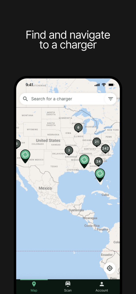 JOLT app map interface showing electric vehicle charging station locations across the United States