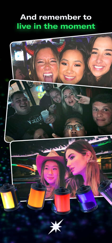 Dispo app screen showing grainy retro photos of friends at social gatherings and colorful digital film rolls