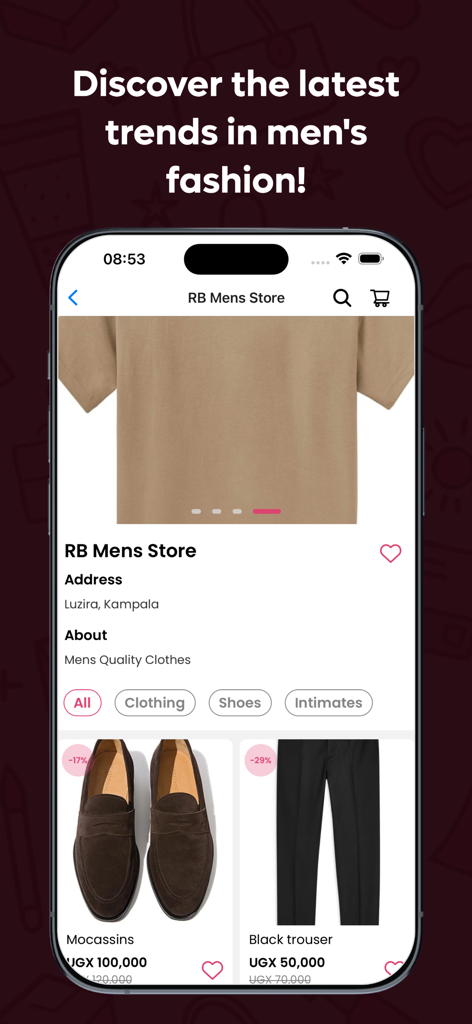 Glam n' Go - A mobile app screen for Glam n' Go showcasing curated men's fashion including shirts, shoes, and trousers.