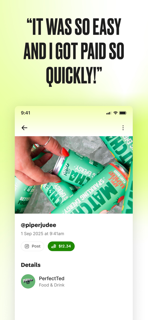 Social Tip: Post & Earn - A testimonial from a Social Tip user stating they got paid quickly for posting content about a beverage brand.