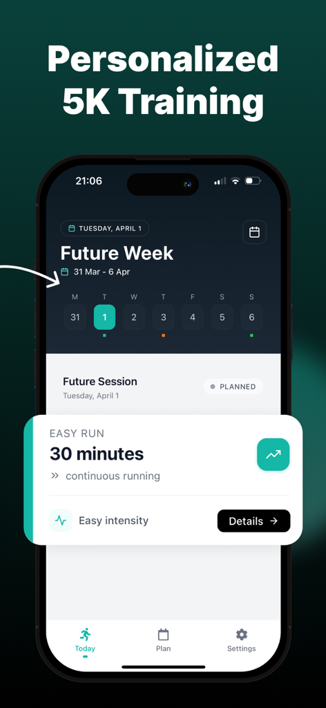 Couch to 5K Run: Running Plans - Pantalla de teléfono inteligente que muestra un plan de carrera personalizado de 5K con una carrera fácil programada de 30 minutos.