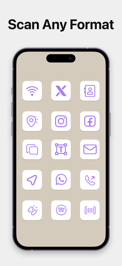 QR Reader & Code Scanner App - Mobile screen showing a variety of scannable formats like social media, wifi, and barcodes