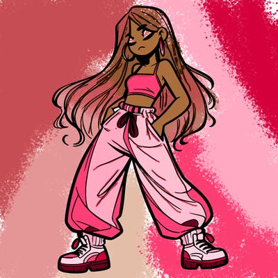 girl in baggy pants crop top and long hair