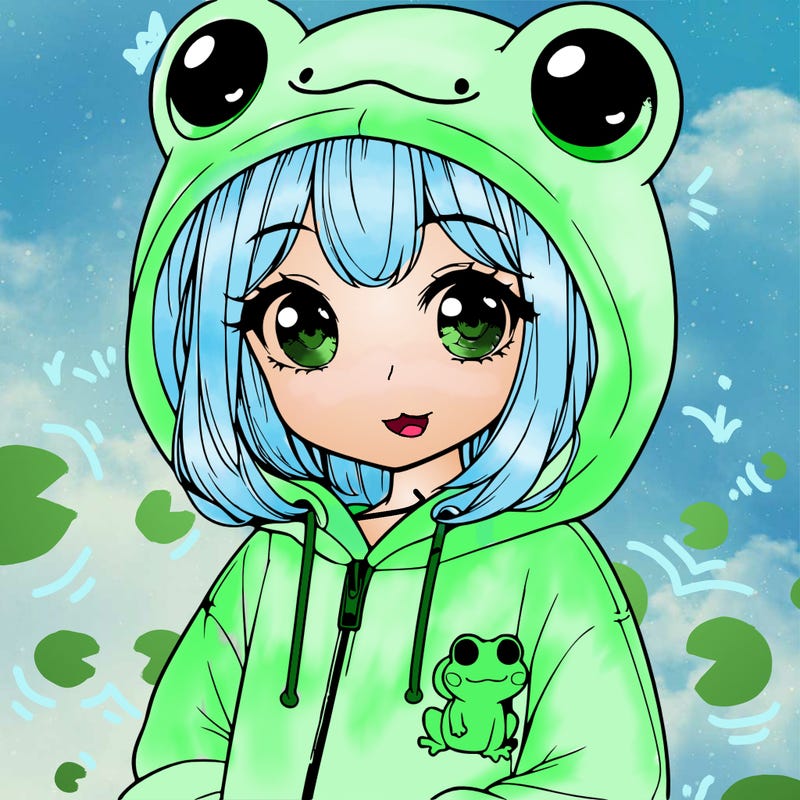 cute realistic girl in a froggy hoodie