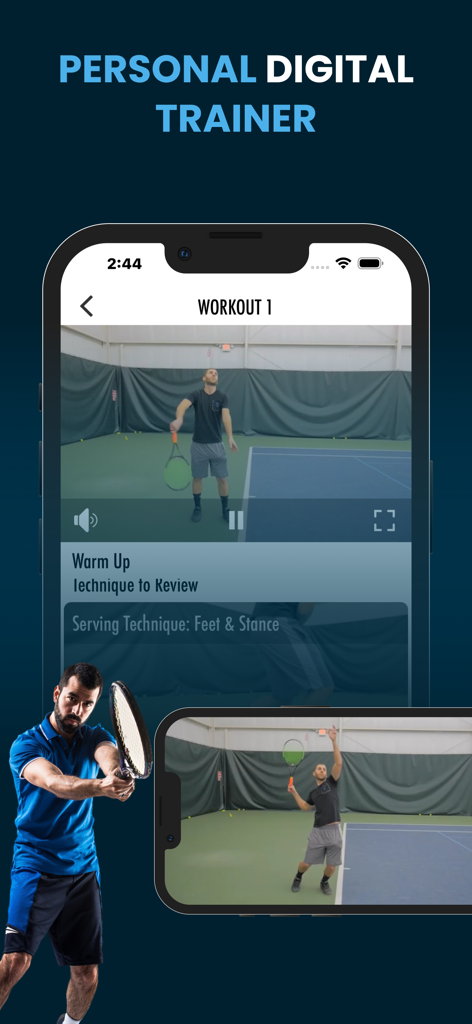 Tennis Trainings Coaching - Screenshot of Tennis Trainings Coaching app showing instructional video workouts on a smartphone